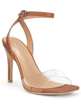 Women's Brown Clear Heels Sandals Square Toe Ankle Strap High Heeled Stiletto
